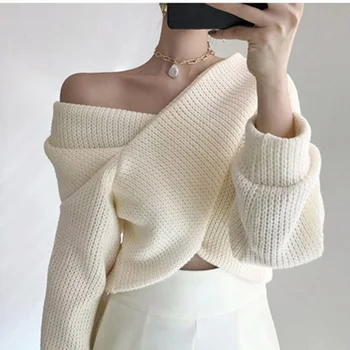 Jeseň/zima ženy pulóver tvaru sexy off-ramenný sveter pletenie módne bežné kórejský dámske pulóvre