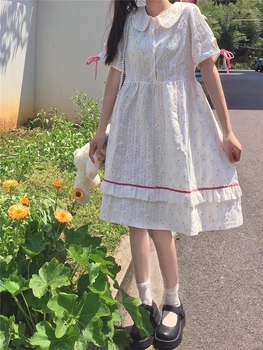 Japonský Lolita mäkké sestra škole štýl dlhé šaty sladké dievča bábiku golier šaty malé chryzantéma voľné čipky loli čerstvé ša