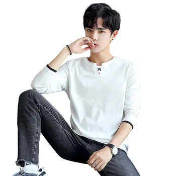 2020 Jeseň Zima Nový kórejský pánske s Dlhým rukávom T-shirt Čistej Bavlny Voľné Kolo Krku Mládeže Trendy pánske Tričko Klesnutie