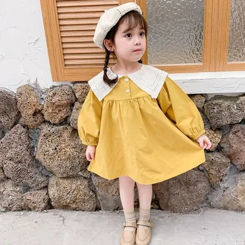 2019 Jeseň Outwear Dievčatá Princezná Šaty s Dlhým Rukávom Veľké Klope Voľné detské Oblečenie pre voľný čas Deti Šaty pre Dievčatá