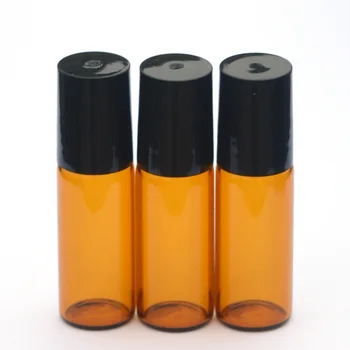 3ks 5ml amber prejdite na kolieskových fľaše pre esenciálne oleje roll-on naplniteľné parfum fľašu dezodorant kontajnerov s čiernym viečkom