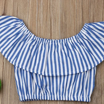 Dieťa Batoľa Dievča Oblečenie Prehrabať Plodín Roztomilé Modré Pruhované Off-rameno Hore+Luk Krátke Oblečenie Súbor 1-6Y Oblek