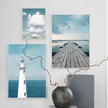 Moderné Plátno Dekor Maľovanie Seascape Oceánu Plavby Loďou Maják Modrá Obloha, Biele Oblaky Plagát, Tlač Stene Obraz Domova