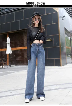 2020 nové jesenné vinobranie vysoký pás široký-nohy džínsy ženy oblečenie kórejský štýl prikryť voľné nohavice pluz veľkosť Modrá Širokú nohu nohavice