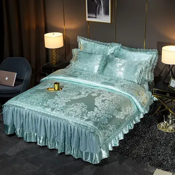 Európska Satin Žakárové 4-dielna posteľná bielizeň Nastaviť Queen Size Vybavené List Luxusné Kráľ Čipky Modálne Perinu Vankúš Shams Obliečky