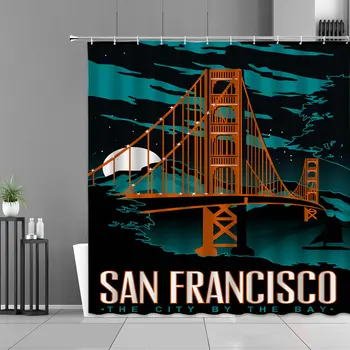 Cartoon Morské Scenérie Sprchové Závesy Americký Golden Gate Bridge Maják Plachetnici Krajiny Kúpeľňa Opony Nepremokavé Tkaniny