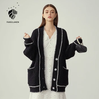 FANSILANEN Výšivky prekladané purpel pletený sveter Ženy jeseň v zime krátke nadrozmerné svetre Žena čierna vintage jumper