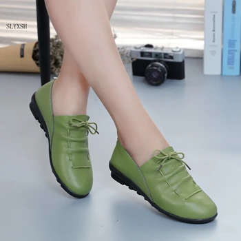 SLYXSH dámske topánky 2019 nový príchod jari krajky-up skladaný pravej kože bytov topánky žena gumy strany ženské topánky