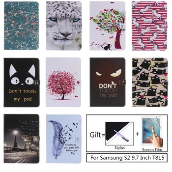 Kartu S2 9.7 palca Maľované PU Kožené puzdro Pre Samsung Galaxy Tab S2 9.7 T810 T815 puzdro na Tablet Mačka Sloty pre Karty peňaženky Shell