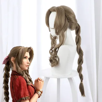 Final Fantasy VII Aerith Gainsborough Cosplay Parochne Hnedé Dlhé Kučeravé Cosplay Parochňu Tepelne Odolných Syntetických Vlasov Peruca + Parochňu Spp