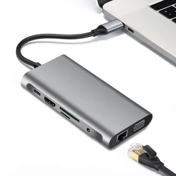 USB HUB Dokovacej Stanice Typ C Adaptér USB 3.0 4K HDMI VGA RJ45 10 v 1 Converter pre Macbook Pro Thunderbolt 3