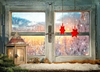 Fotografia V Pozadí Vianočné Drevené Okenné Snehu V Zime Dary Svetla Červená Hviezda Pozadie Fotografie Pozadí Štúdio