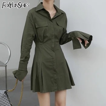FORYUNSHES Ženy ' s Army Zelená Slim Skladaný Šaty Dámske Singel svojim Sexy Svetlice Dlhý Rukáv Mini Šaty 2020 Jesenná Móda