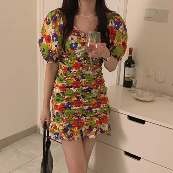 Cudzie Kitty Vintage Kvetinový Elegantné Šaty 2020 Nový kórejský Štýl Lete tvaru Sexy Šaty Lístkového Rukáv Mini Fishtail Šaty Žena