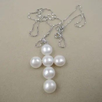 Príroda sladkovodné AAAA perlový náhrdelník s príveskom 925 silver chain-cross tvar