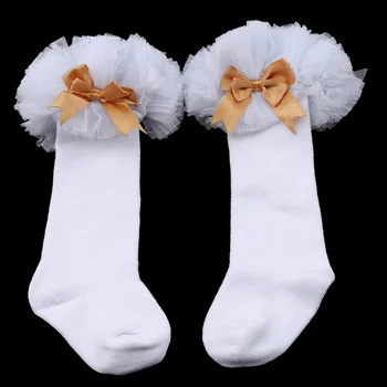 Kórejský Módne Sladké Baby Ponožky Princezná Bowknot Čipky Kvetinový Dlhé Ponožky Deti Bavlna Prehrabať Naberaný Výbava Kolená Vysoké Ponožky