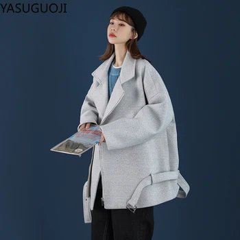 YASUGUOJI Solid Vlny Kabát Ženy s Pásom 2020 Zimné Voľné Zase dole Golier Zimná Bunda kórejský Modis Casaco Feminino