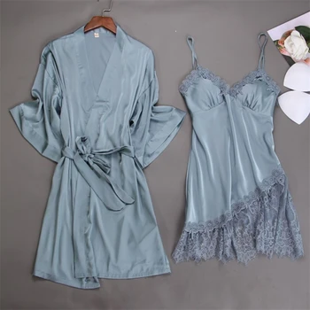 2 KS Pyžamo Nastaviť Ženy tvaru Sleepwear Čipky Kimono Sexy nocné košele Odev Šaty, Šaty Spánku Vyhovovali Nightgown