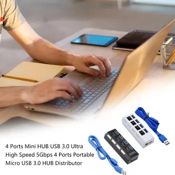 Mini ROZBOČOVAČ USB 3.0 Super Speed 5Gbps 4 Porty Prenosné Micro USB 3.0 HUB Rozbočovač So Externý Napájací Adaptér Pre PC Príslušenstvo