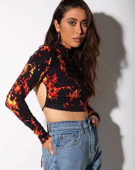 žena sexy backless tričko jeseň dlhý rukáv korytnačka krku čipky plodín top ladies fashion oheň, plameň tlač topy punk oblečenie