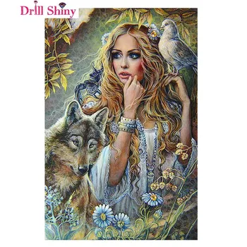DIY plný celý živice vŕtať námestie plátno olej diamond maľovanie fantasy art žena a vlk 5D rozmerov výšivky série