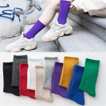 Japonský Kórea Vysokej Školy Dievčatá Vysoké Ponožky Voľné Tuhé Farby Dvojitej Ihly, Pletacie Bavlna Dlhé Ponožky Ženy