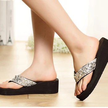 Módne Leto Ženy Ležérne Topánky Non-Slip Bling Flitrami Pláži Papuče Flip Flops Platformu Kliny sandále