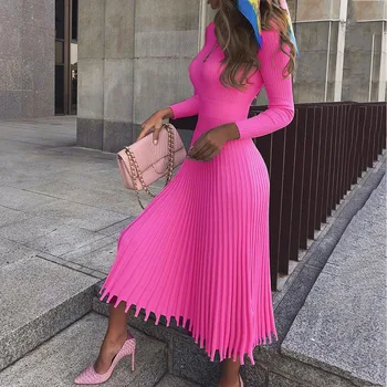 Vrásky Strany Skladaný Sveter Šaty Žien Pletené Slim Midi Vestido 2019 Zimné Jeseň Pevné Ružové Plus Veľkosť Základné Šaty