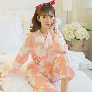 Ženy retro vintage japonský štýl pajama sady kvetinový tlač dievčatá bavlna domáce oblečenie
