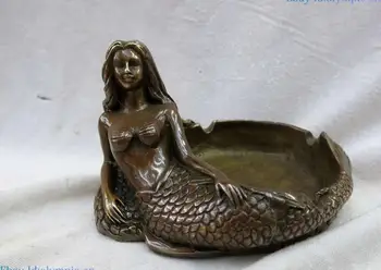 Čína mosadz krásne vyrezávané sochy mora-slúžka morská víla popolník Socha