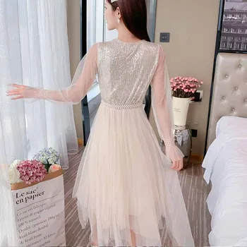 V-neck Sladké Jeseň Oka Šaty Žien Dlhý Rukáv Marhuľový Šaty 2020 Nové Luxusné Módne Pevné Sequined Šaty Vestidos 12028