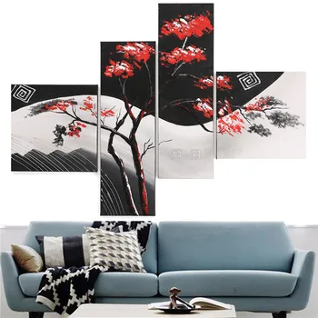 Bez rámu 4Panel Červené Listy Stromu Čierna Biela Pop Art Handmade Abstraktné olejomaľba na Plátno na Stenu Obrázok, Plagát Domova