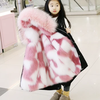 Nové dievča módne Kabát Faux Fox Kožušinu podšívka odnímateľný bundy detské vrchné oblečenie dievča oblečenie hustý teplý Kabát pre 2-13 Rokov