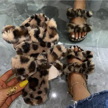 Double-layer bowknot fox kožušiny fashion one-line kožušiny, obuv plus veľkosť leopard tlač ms papuče 2020 ploché domov žien sandále