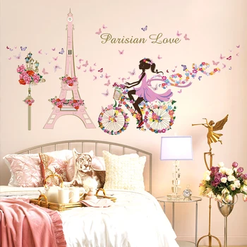 Dievča, Jazda Na Bicykli, Kvety, Motýľ V Paríži Eiffe Veža Wall Art Nálepka Pre Dievčenské Izba Domáce Dekorácie Diy Deti Obtlačky