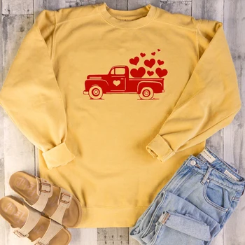 Valentines ročník Truck srdce grafické ženy móda bežné kvalitu čistej bavlny mikina tumblr slogan vintage topy, pulóvre