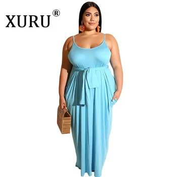 XURU Lete nové žien veľké veľkosti voľné šaty L-4XL farbou príležitostné bez rukávov popruh tvaru dlhé šaty s pásom