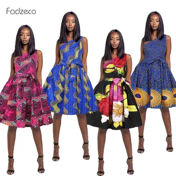 FADZECO Afriky Šaty pre Ženy midi šaty Veľké Lem Jedno Rameno bez Rukávov Kravatu Pás Riadok Dashiki Strany Afrických Oblečenie