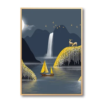 Čierna Zlatá výzdoba nočné scenérie Plátno obrázky Pre Domáce Dizajn Wall Art Plátno Potlače Horskej Krajiny Plagát