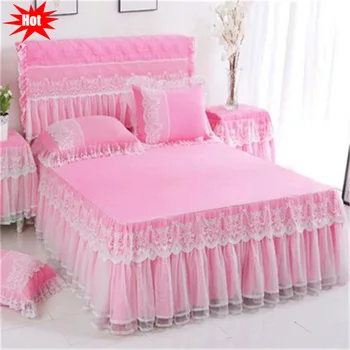 Doprava zadarmo Princezná ružová farba čipky bedskirt non-slip čipky posteľ kryt kórejský štýl čipky matrac kryt multi-výber prikrývky