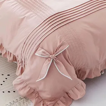 Bavlna Hrubé Prešívaný čipky posteľná bielizeň nastaviť Kráľ, kráľovná Twin size set Princezná kórejské Dievčatá Biela Ružová Posteľ sukne nastaviť obliečka na Vankúš
