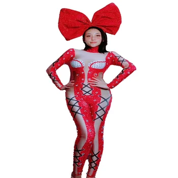 2021 Ženy, Nový Vianočný Kostým Červená Sexy Jumpsuit 3D Vytlačené Lesklé Kamienky Oblečenie Zobraziť Skupina Výkon Oblečenie Jumpsuit