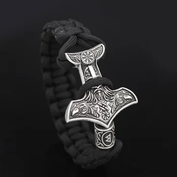 Muži Viking Amulet Odin Tvár S Raven Thor Kladivo náramok