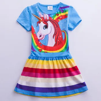 Dievčenské letné šaty nové pony-krátke rukávy šaty dievčatko okolo krku karikatúra tlače vzor bavlna bežné krátkym rukávom šaty