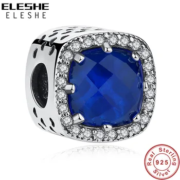 ELESHE 925 Sterling Silver Kúzlo Korálky Fit Originálny Náramok Modré Crystal Námestie Kúzlo Korálky DIY Ženy Šperky Robiť