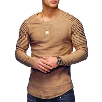 2020 Jar nové módne pánske kolo krku Slim farbou dlhým rukávom T-shirt prekladané skladacie raglan rukáv štýl T-shirt
