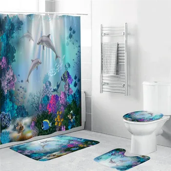 Dizajn Dolphin Textílie Kúpeľňa 3D Sprchový Záves Set s Non Slip Wc Kryt Koberce Mat Domáce Dekorácie