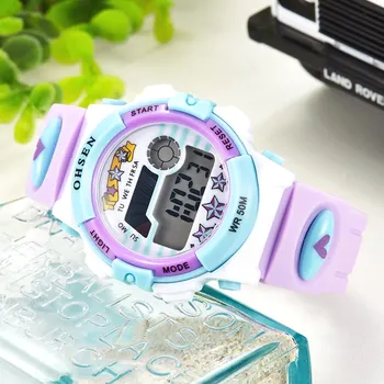 Nové v roku 2017 OHSEN Digitálny LCD Šport Chlapcov Deti Náramkové hodinky Fialová gumičky, Alarm, Dátum, Hodiny Plávania Nepremokavé Deti pozerajú