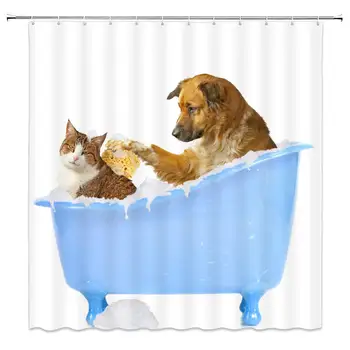 Zvieratá Sprchový Záves Zábavné Psa a Mačky Sprchovaní Modrá Vaňou Nepremokavé Polyesterové Domov Vaňa Dodávky Kúpeľňa Decor