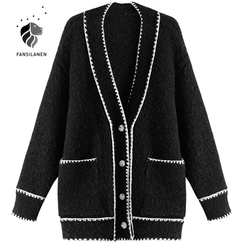 FANSILANEN Výšivky prekladané purpel pletený sveter Ženy jeseň v zime krátke nadrozmerné svetre Žena čierna vintage jumper
